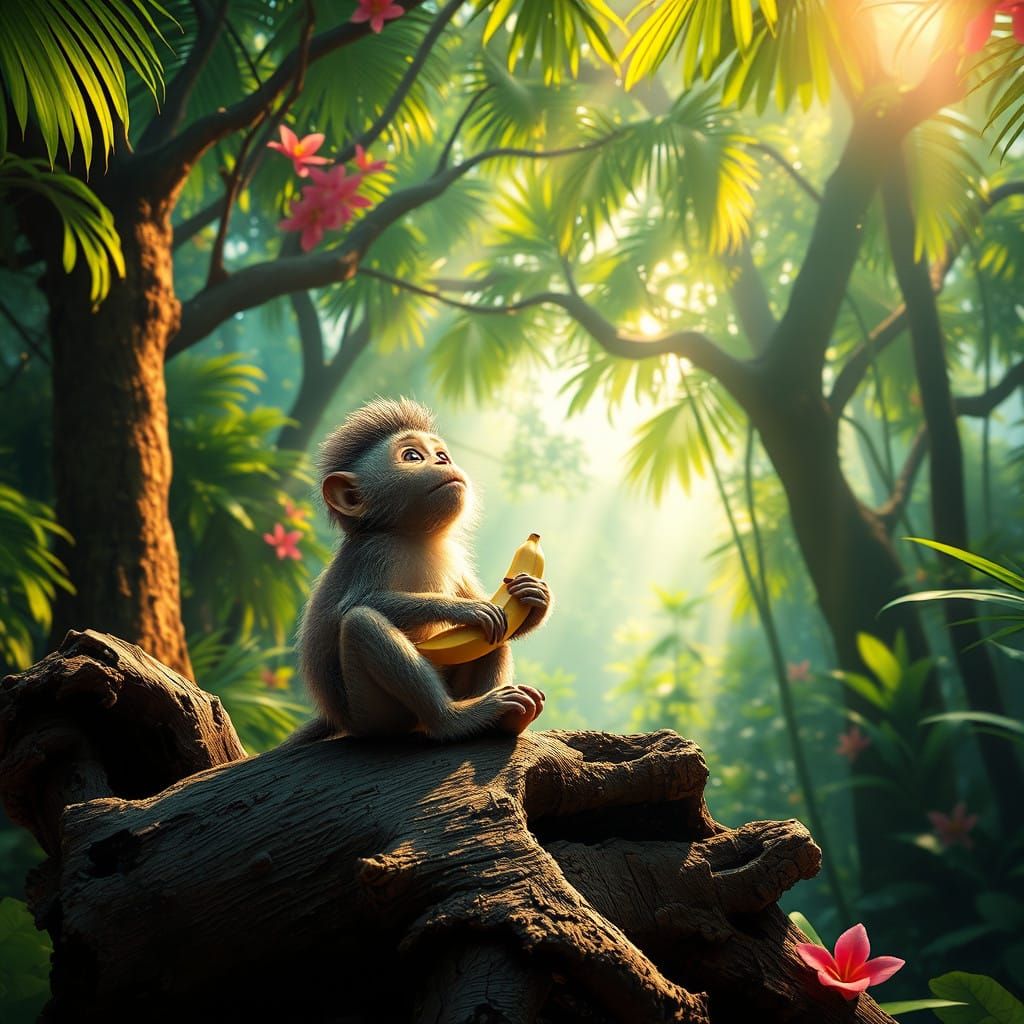 Monkey Lost in Vibrant Jungle Paradise