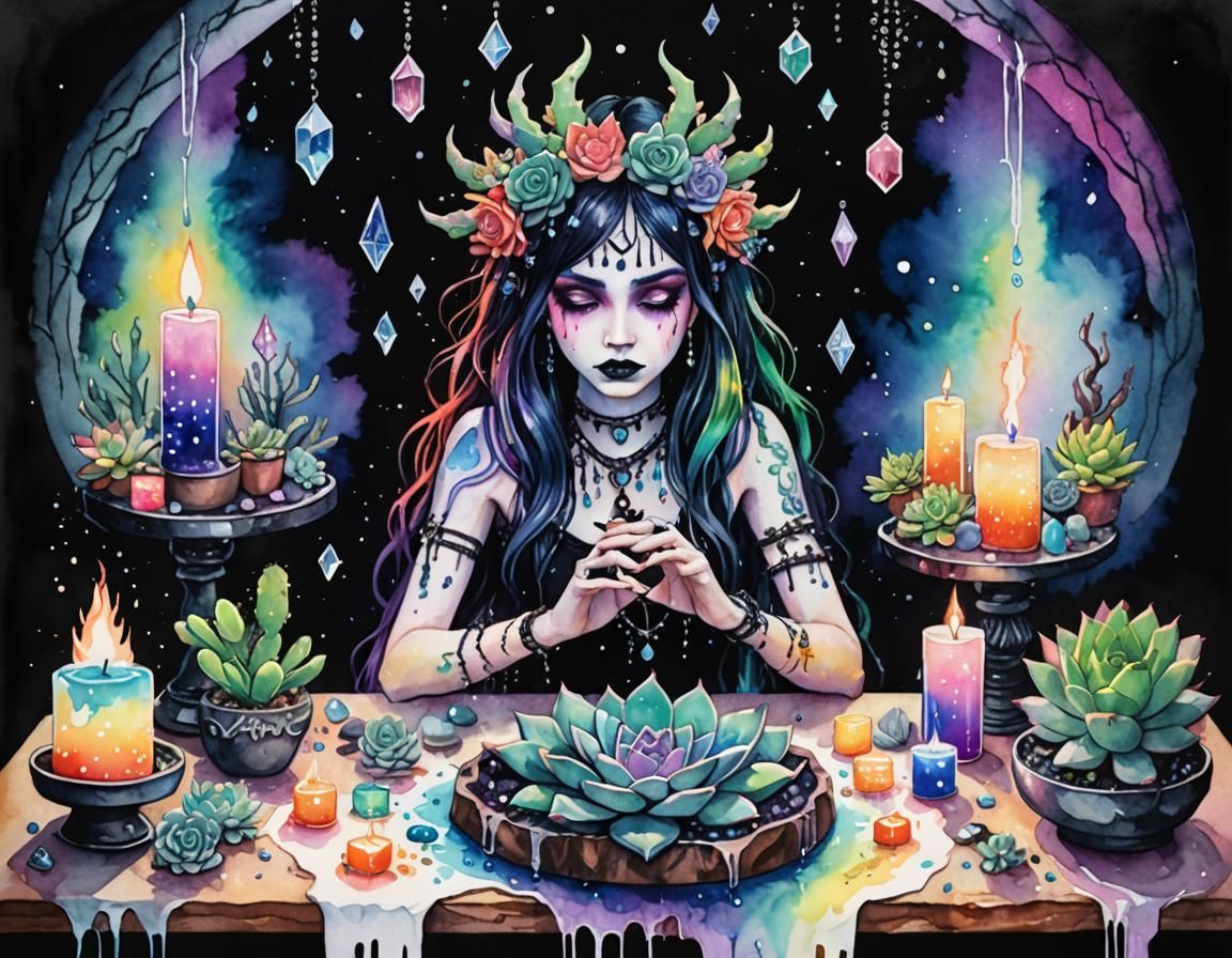 Pastel Goth Demoness at Goddess Altar, Watercolor
