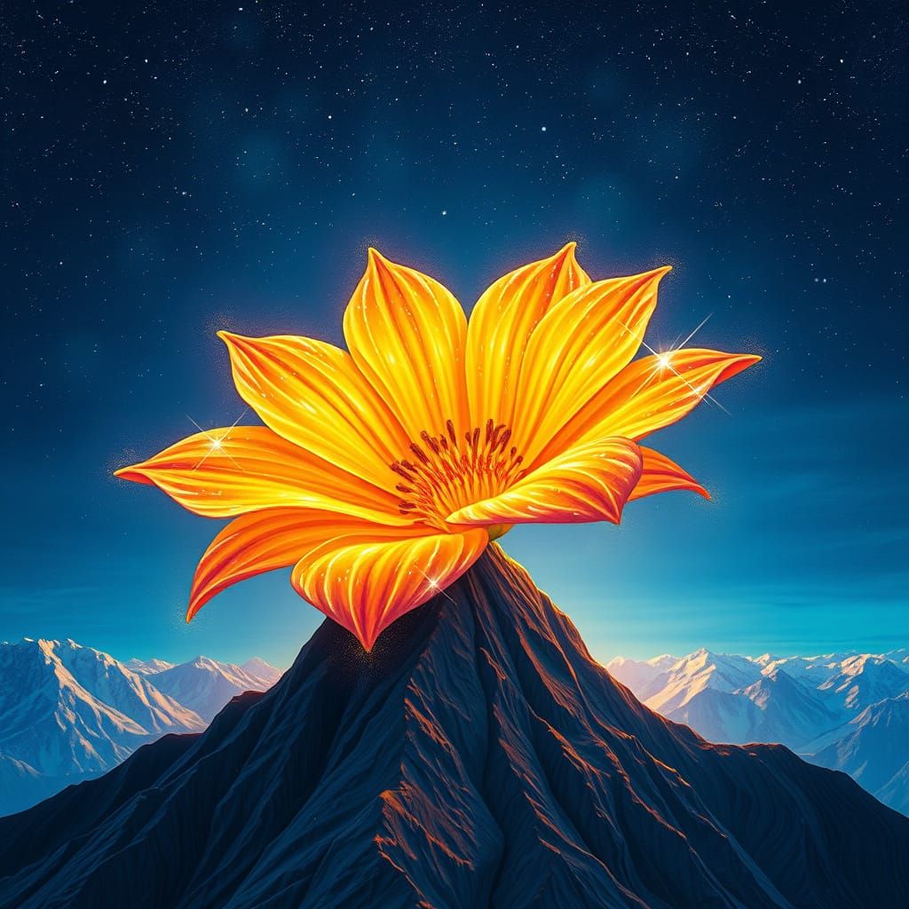Glowing Mountain Flower in Dreamy Surrealist Style