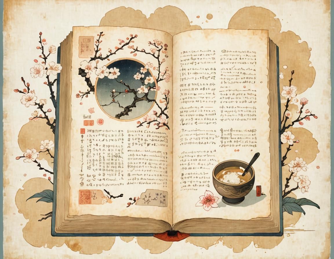 Ukiyo-e Parchment with Cherry Blossoms and Recipes