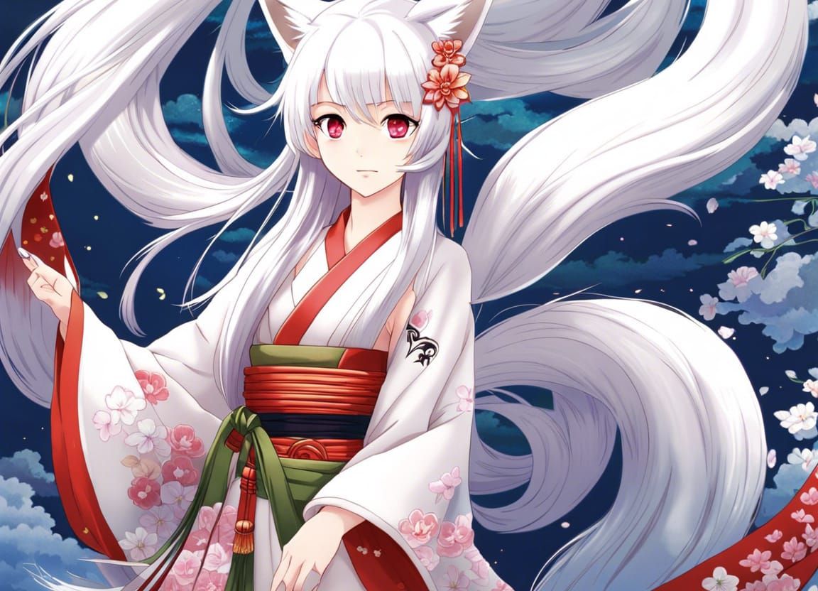Anime Style Kitsune in Kimono with Multiple Tails