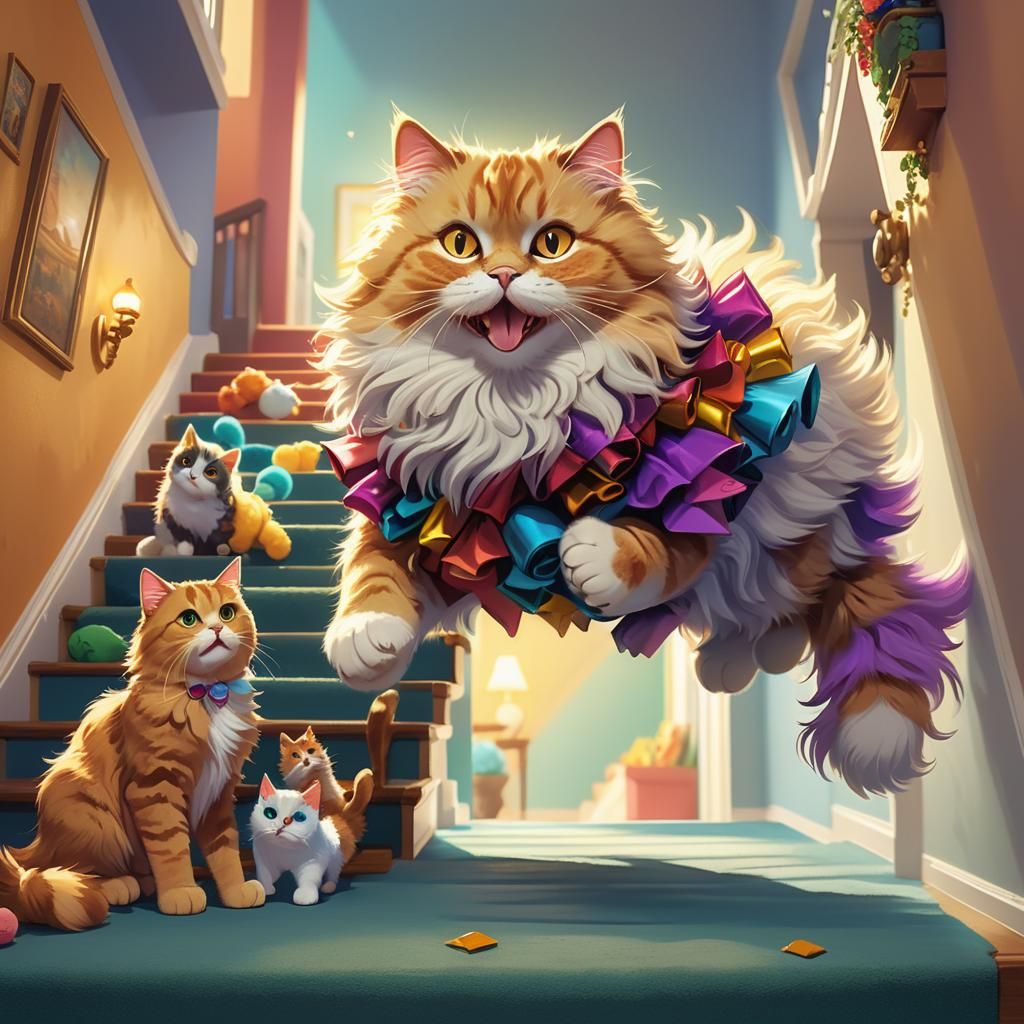 Fluffy Cat Carries Toys: Whimsical Digital Art
