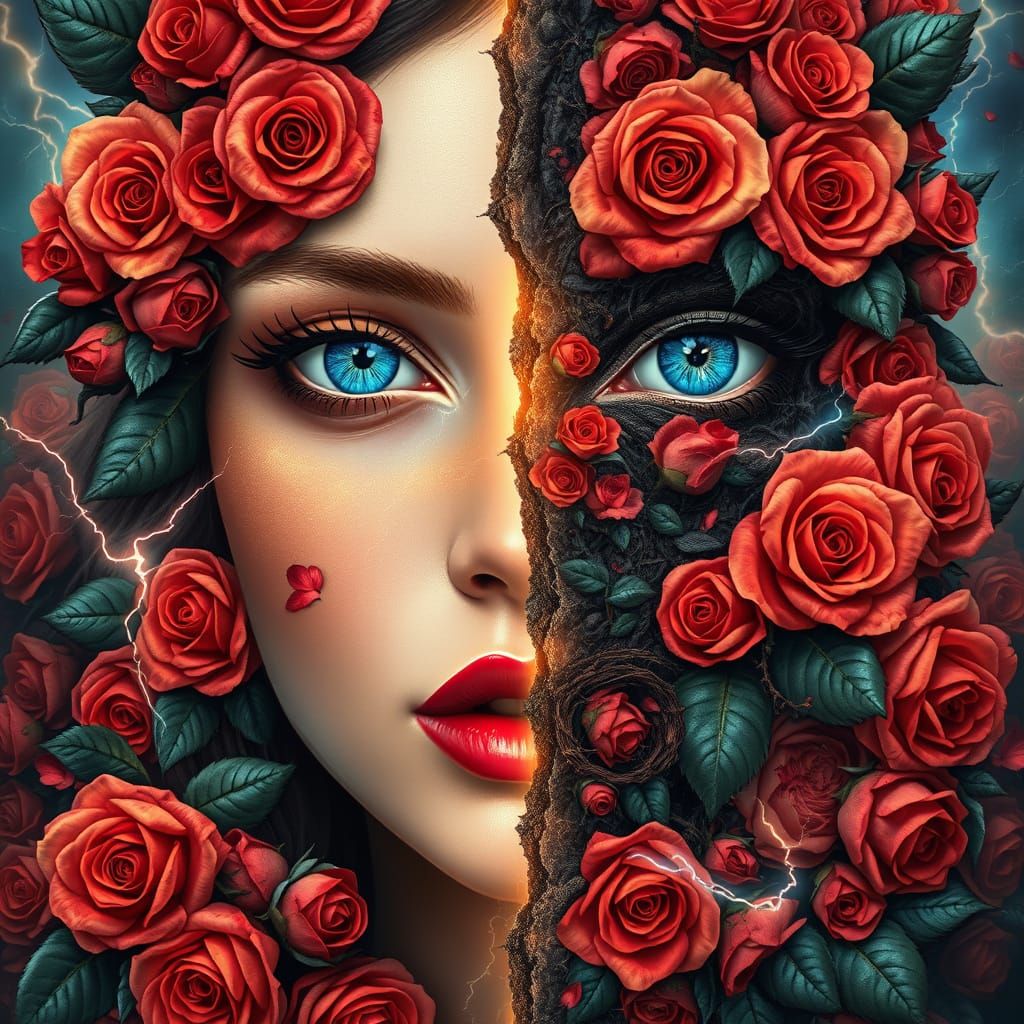 Surreal Portrait: Love and Hate on a Fractured Face