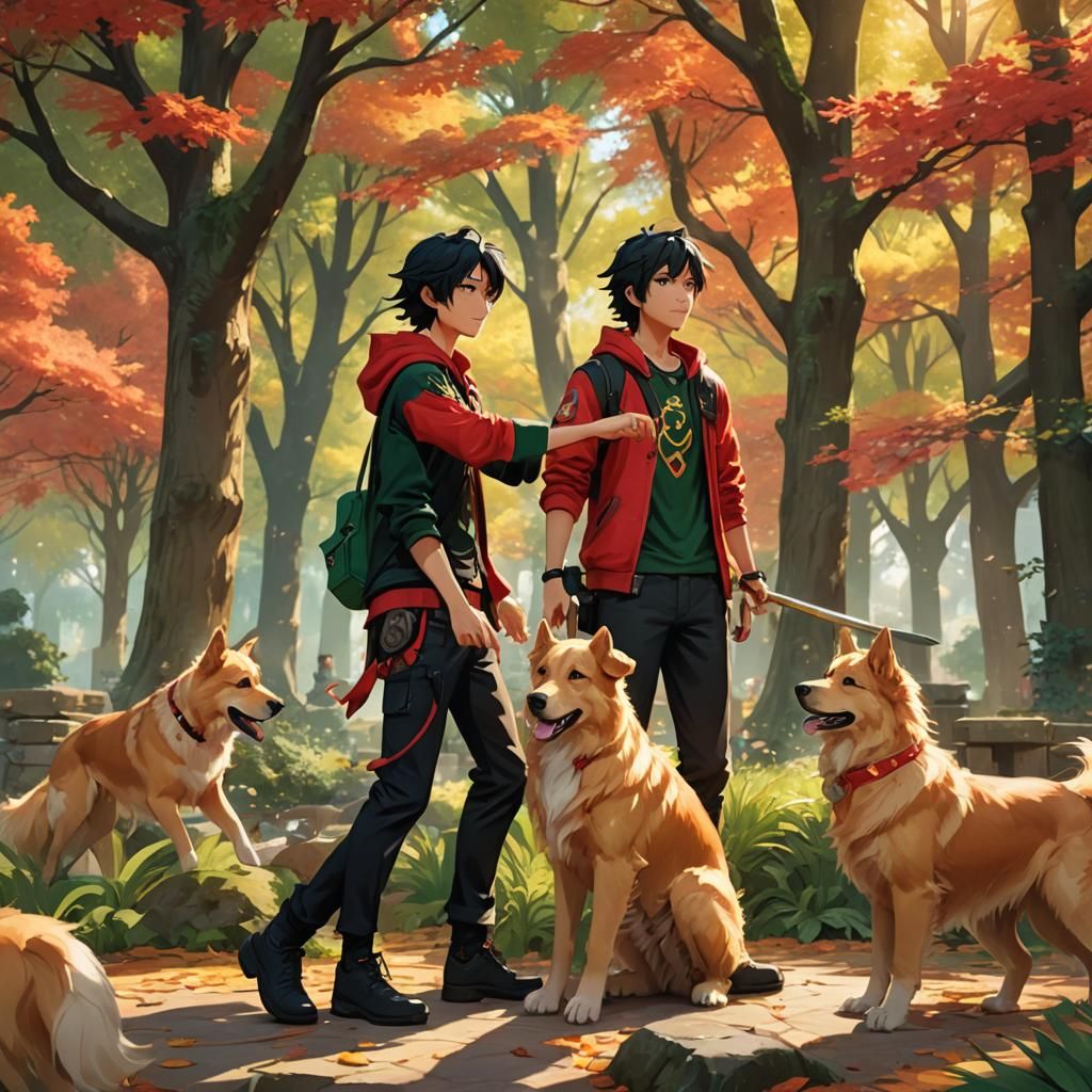 Anime Style Boy Playing with Dogs