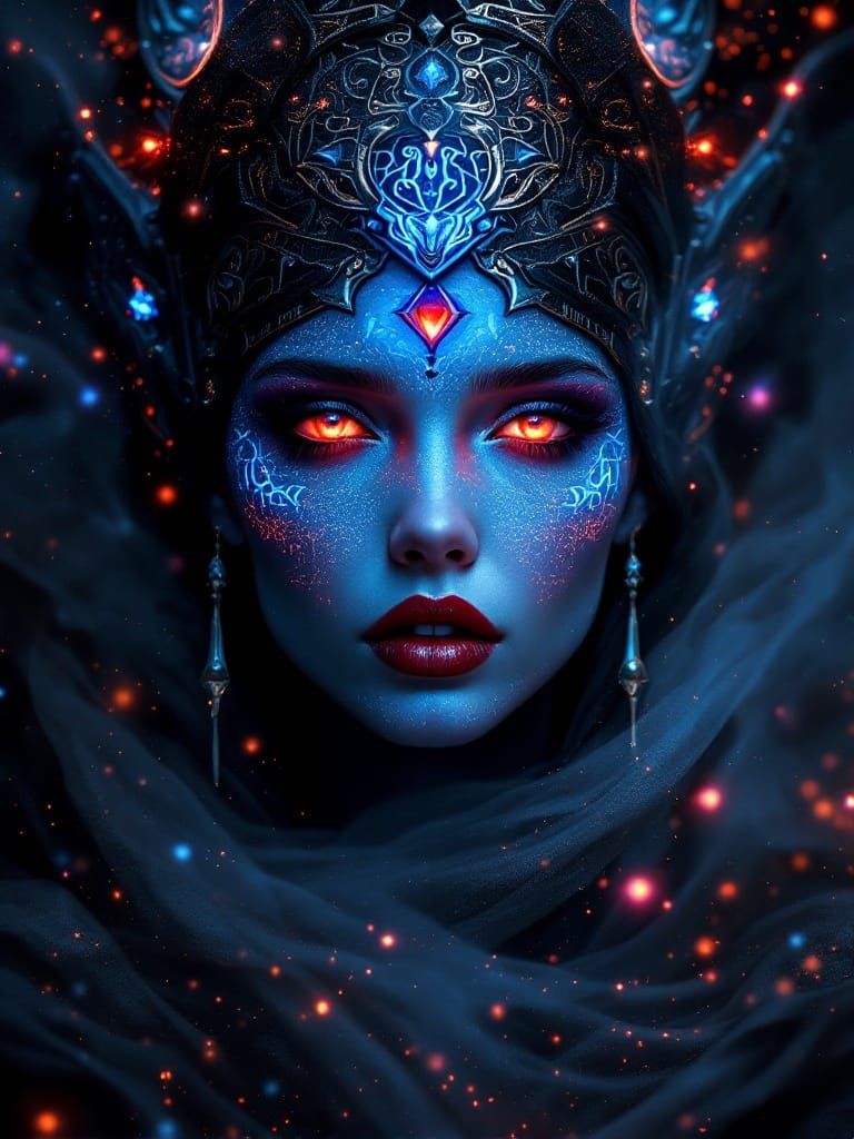 Mystical Celestial Oracle in Sapphire Blue Emerging from the...