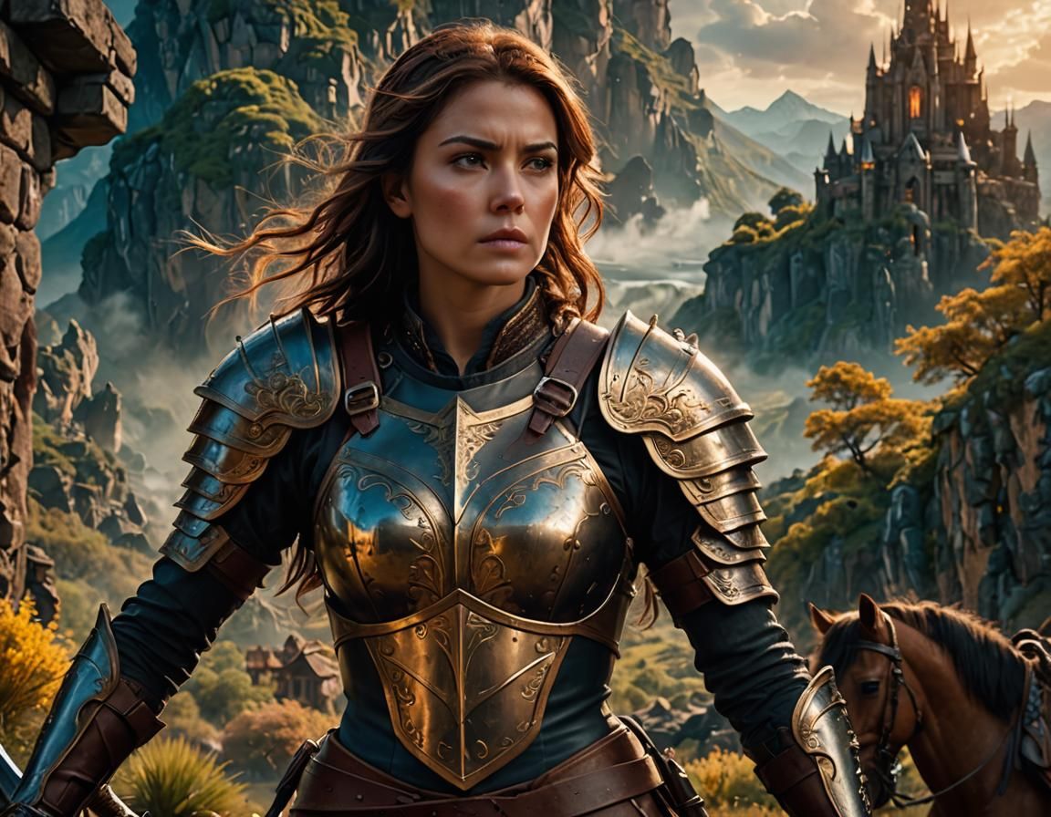 Fierce Female Warrior in Fantasy Landscape, Digital Art