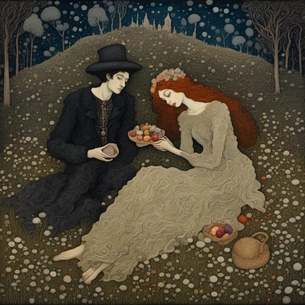 Couple's Picnic in Klimt Inspired Psychedelic Style