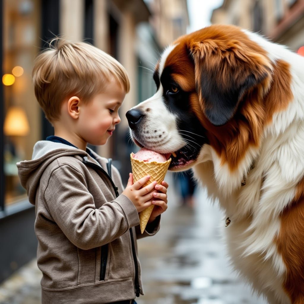 Boy Shares Ice Cream with St. Bernard Dog