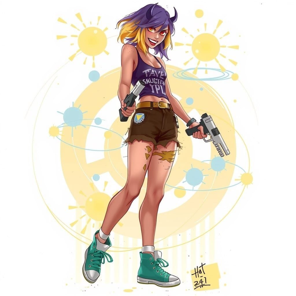 Waif-Like Woman in Yellow and Blue Hair, Guns, and Psychedel...