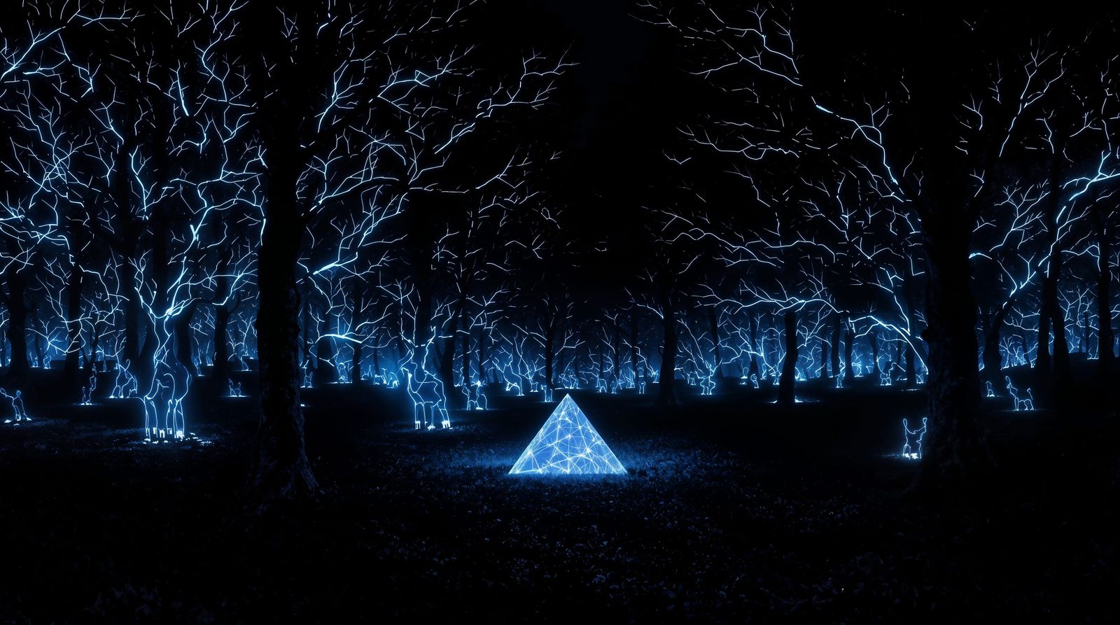 Ethereal Energy Forms Hover Above Dark Forest