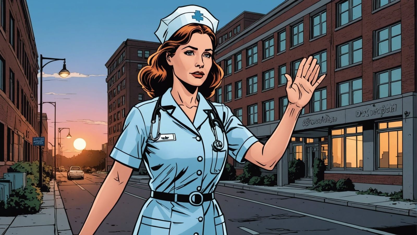 Exhausted Nurse Waves Goodbye in Comic Style
