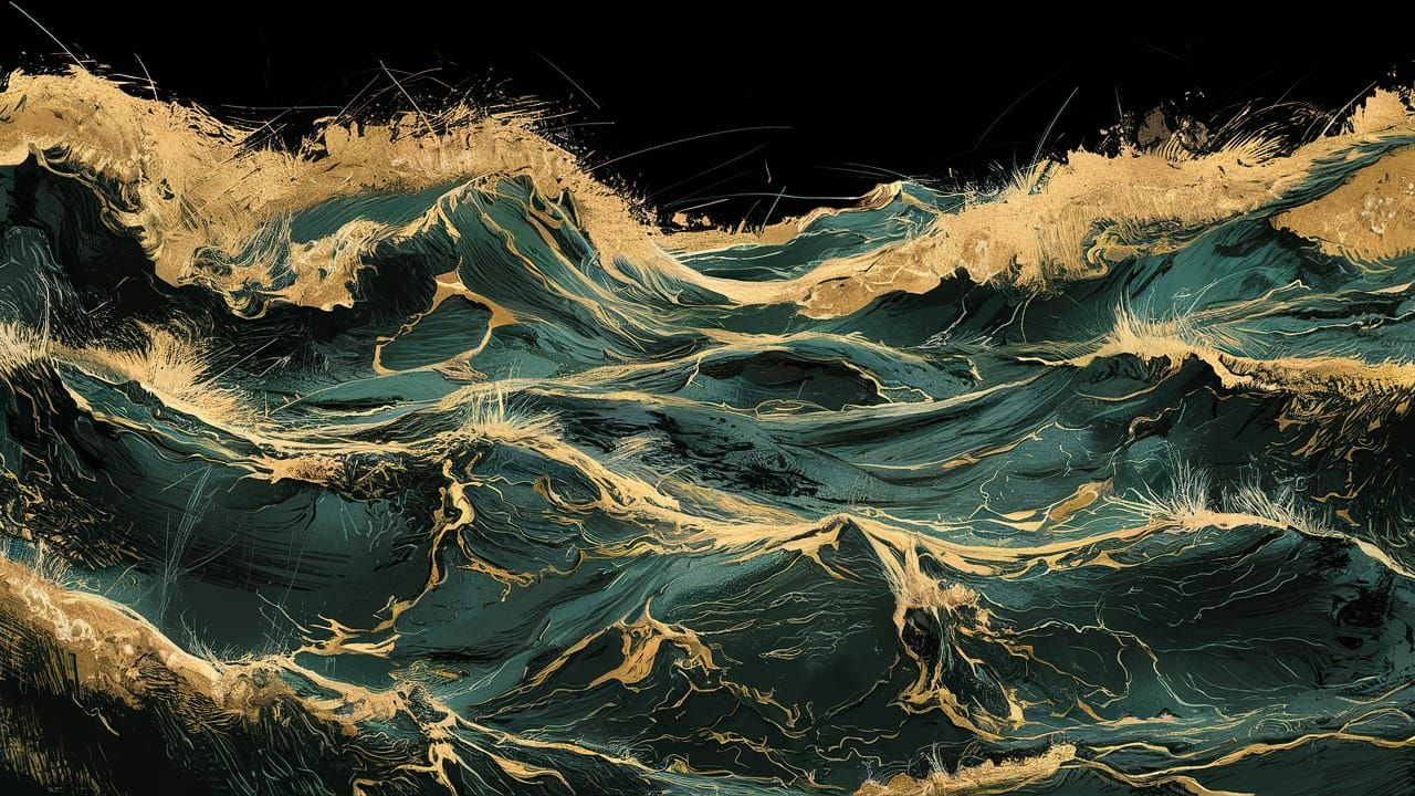 Turbulent Ocean: Gold and Ink Digital Illustration