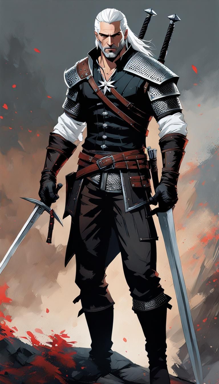 Macho Geralt the Witcher in Detailed Ink Painting
