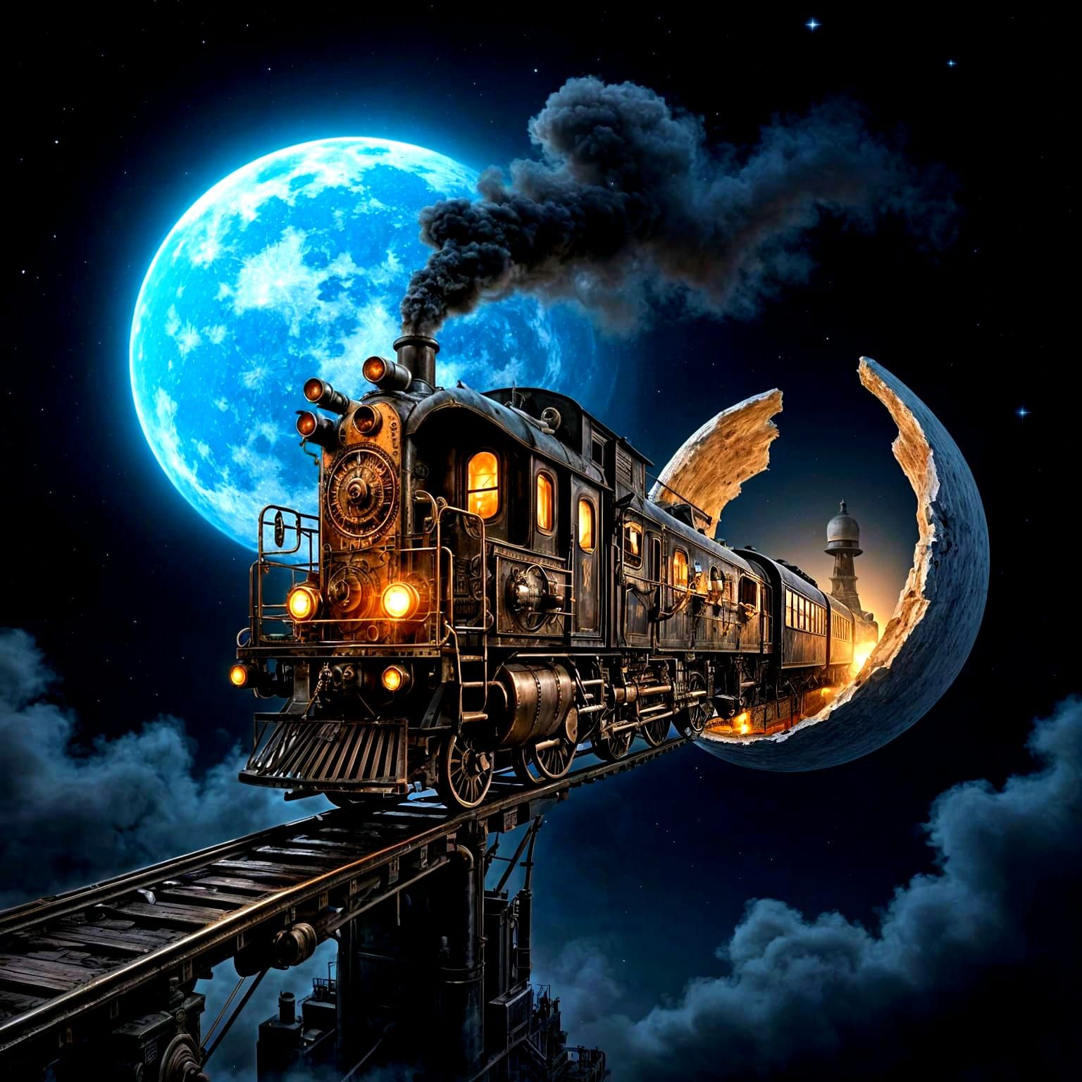 Steampunk Train Crosses Broken Moon Bridge in Surreal Fantas...