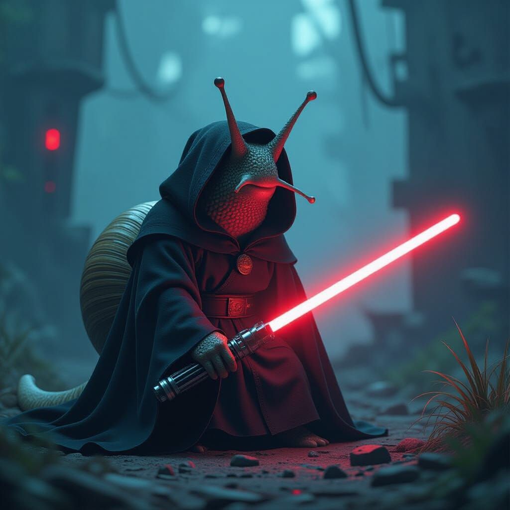 Snail Sith Lord in Ominous Sci-Fi Landscape