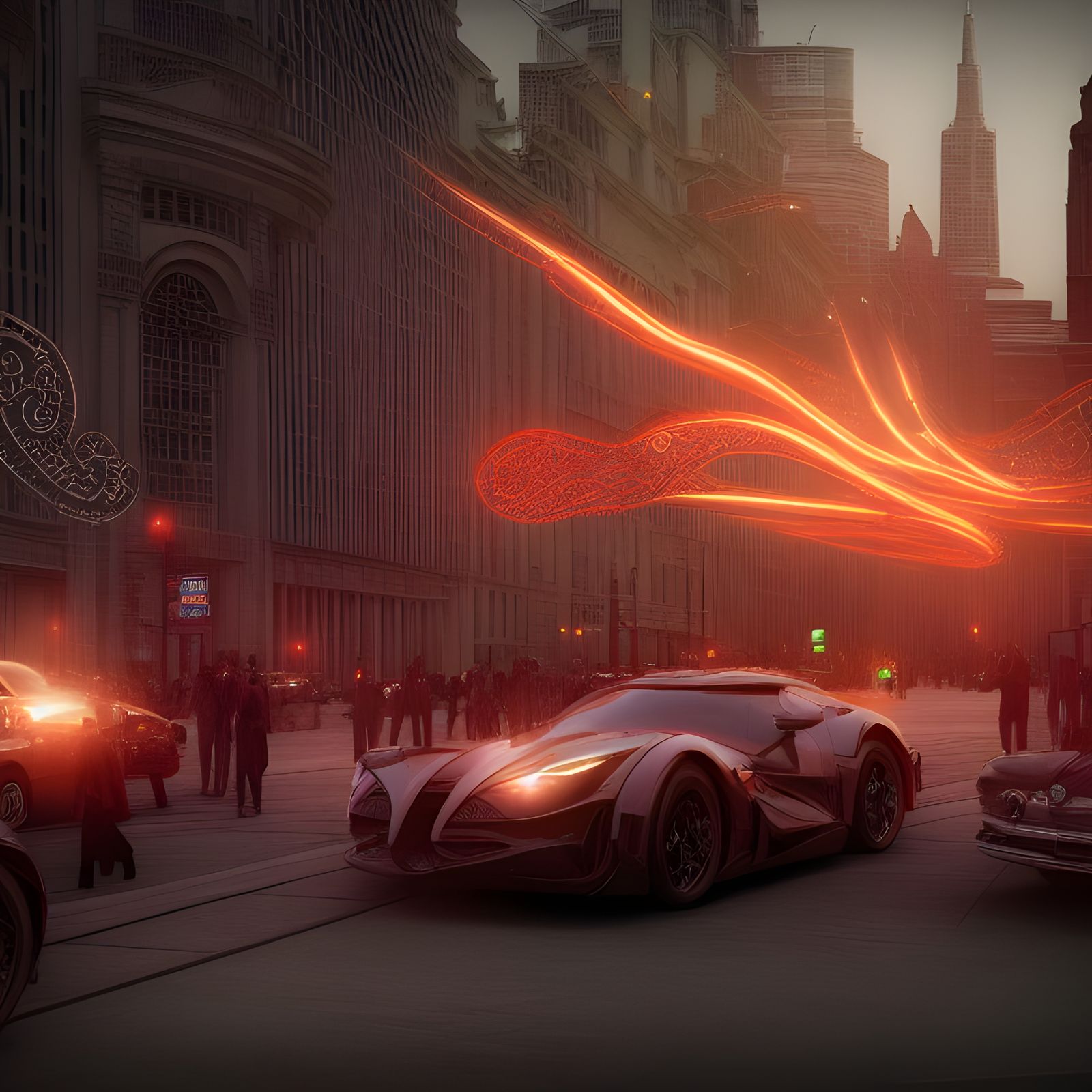 Dynamic Downtown Scene with Moody, Bizarre Vibe