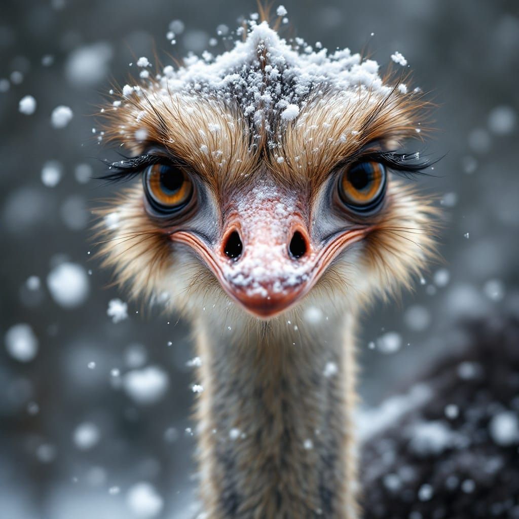 Snowy Ostrich Portrait in Realistic Style