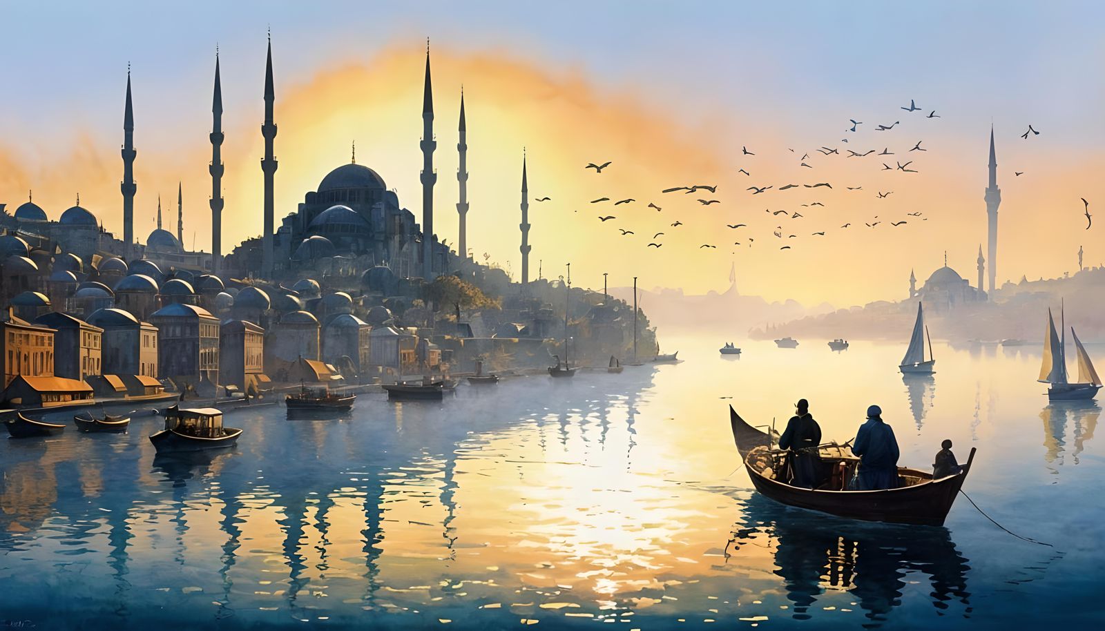 Orientalist Istanbul Cityscape at Dawn in Watercolor