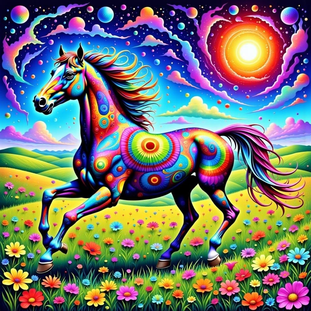 Vibrant Surreal Horse in Whimsical Meadow