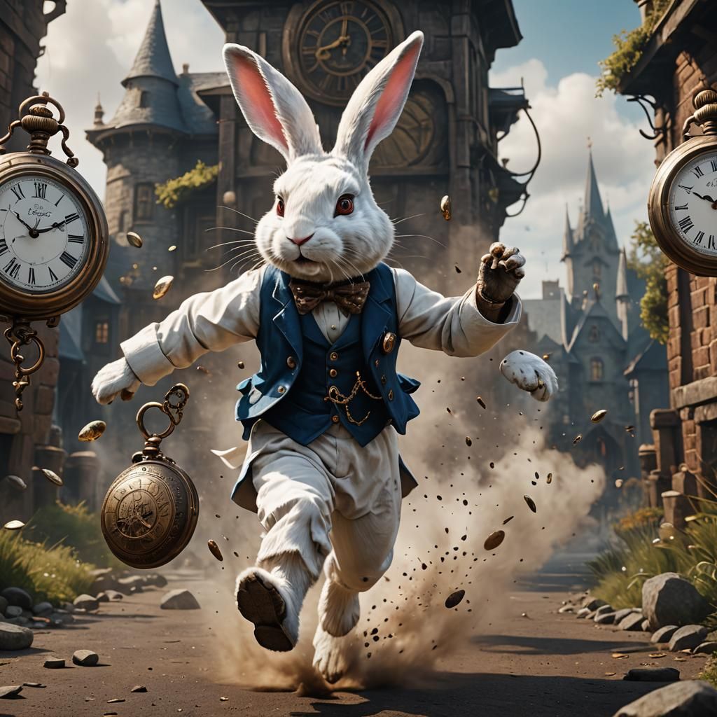 White Rabbit with Pocket Watch in Detailed Painting
