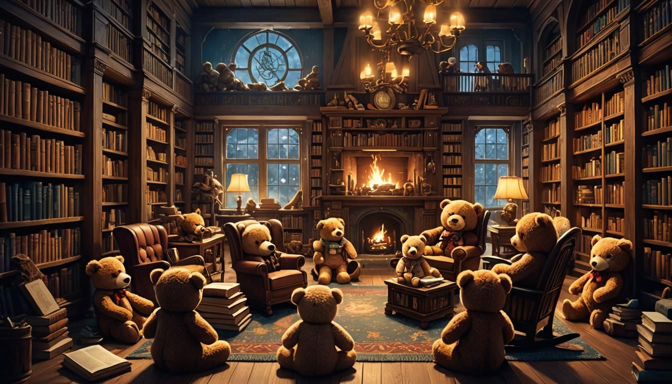 Teddy Bears Reading in Cozy Library: 3D Anime Art
