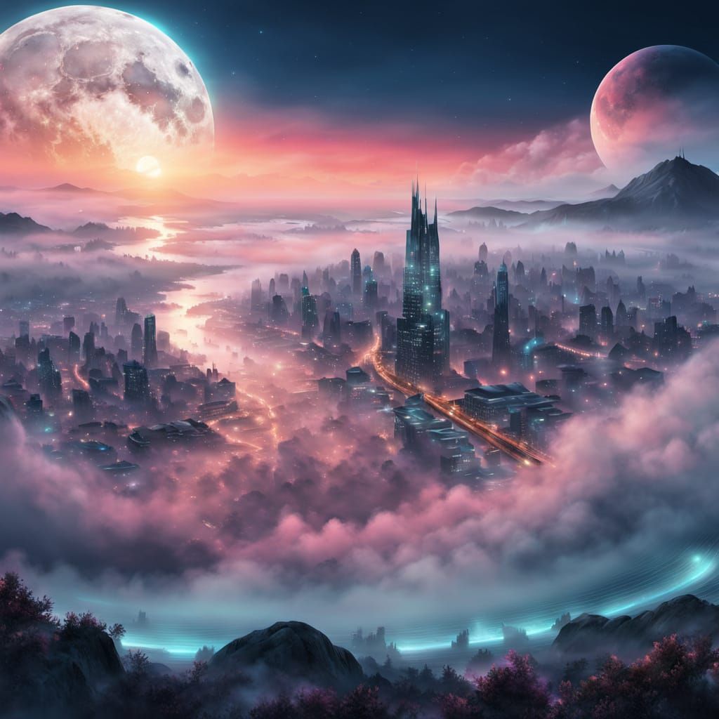 Foggy Twilight Cityscape with Full Moon