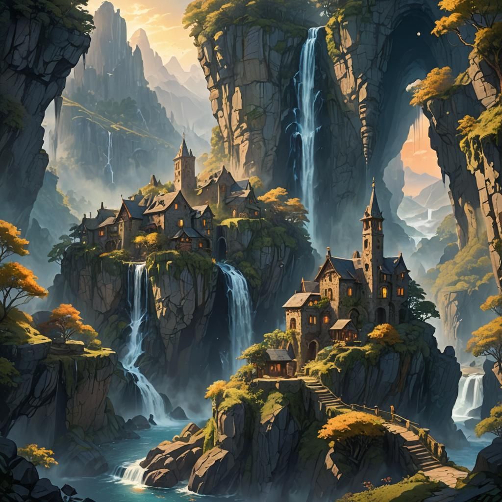 Waterfall Cascading Over Cliff Town: Fantasy Art