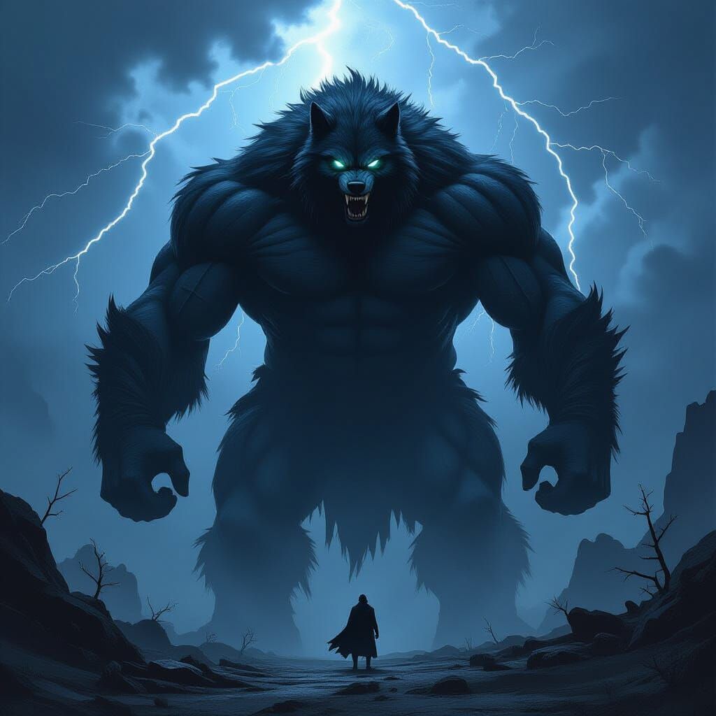 Colossal Hulk Wolf Hybrid in Stormy Fantasy Landscape