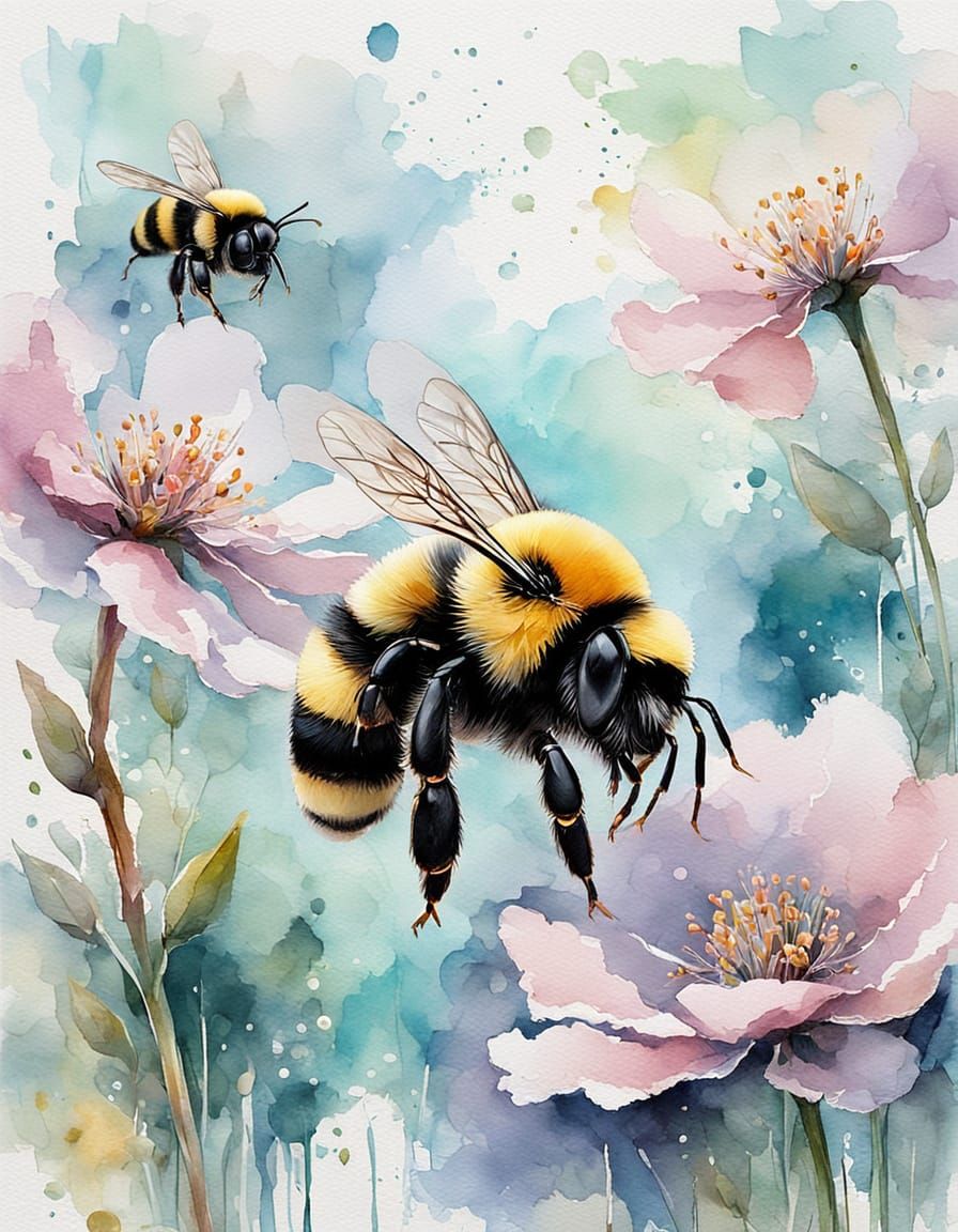 Dreamy Watercolor Bumblebee in Abstract Expressionism
