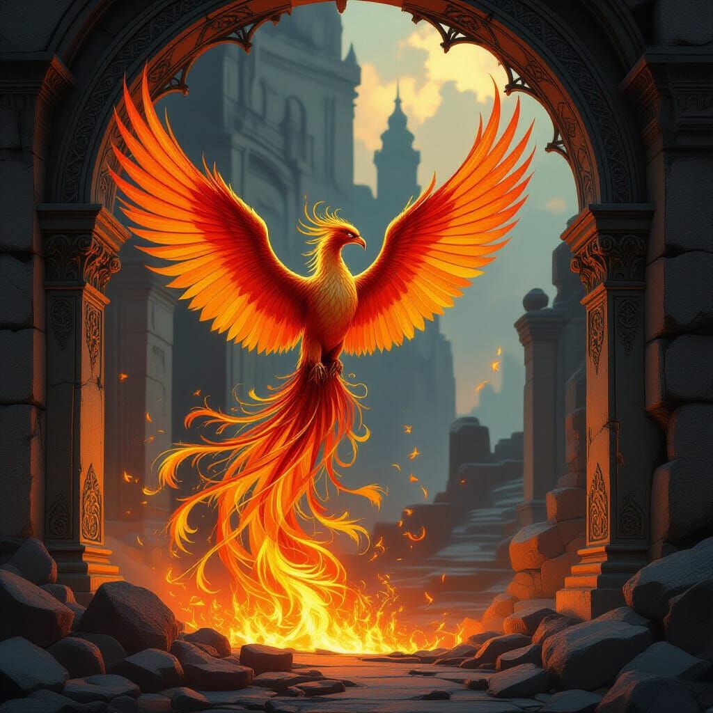Majestic Phoenix Rises from Temple Ashes in Fiery Art Nouvea...