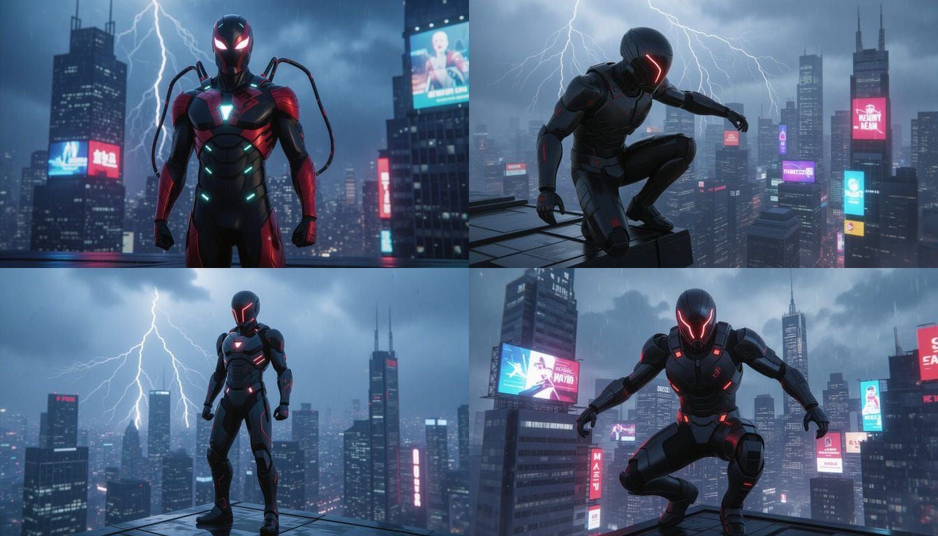 Futuristic Superhero in High-Tech Cityscape, 8K
