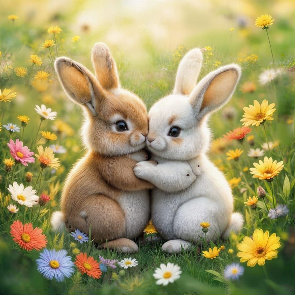 Two Bunnies Embracing in a Vibrant Flower Patch