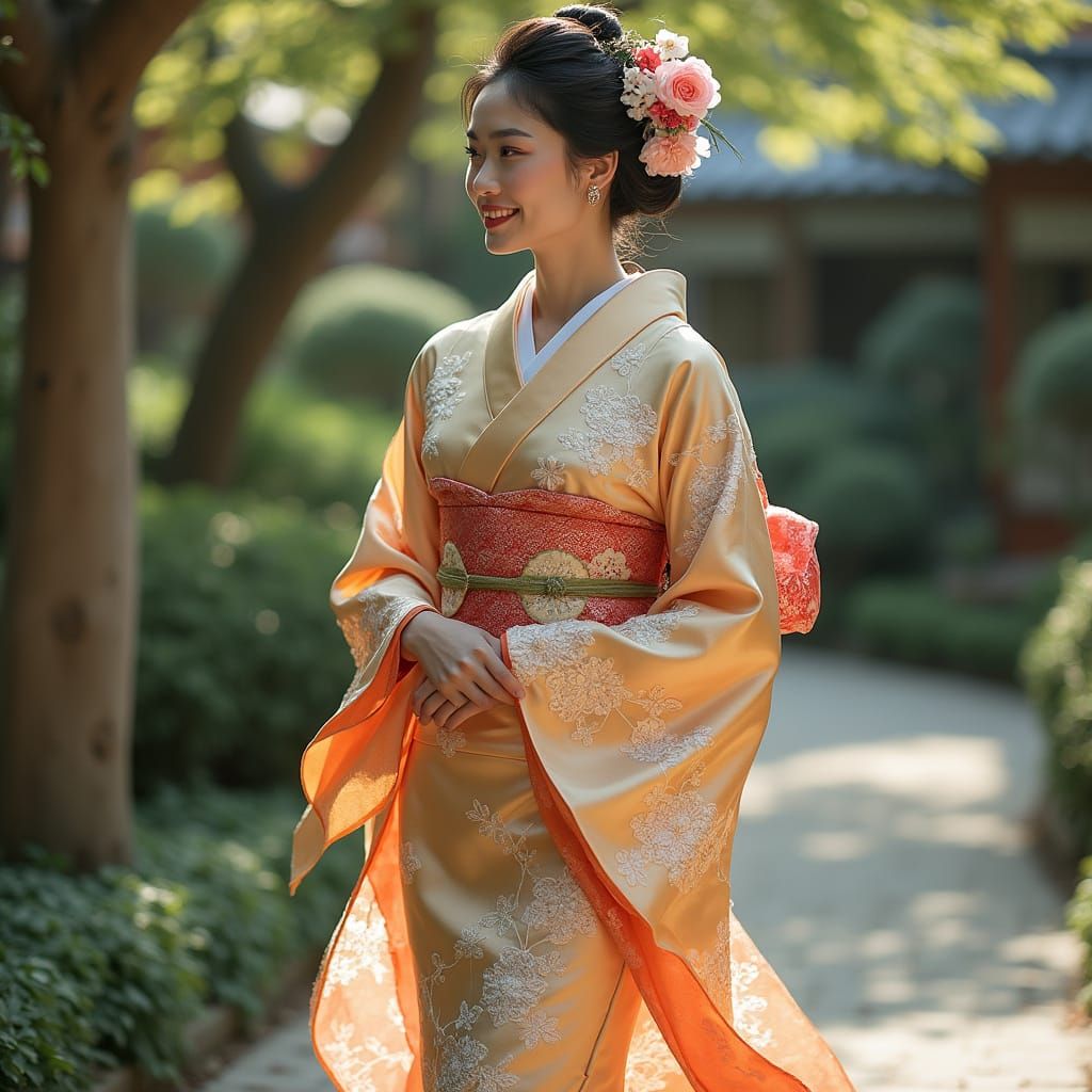 Elegant Japanese Woman in Garden, Ukiyo-e Style