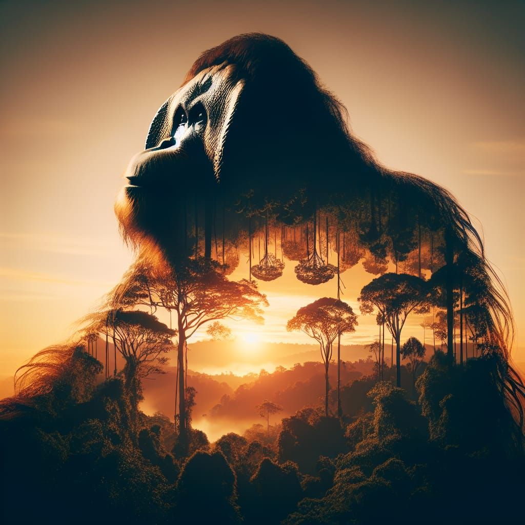 Beautiful orangutan's silhouette with rainforest trees against a sunrise sky