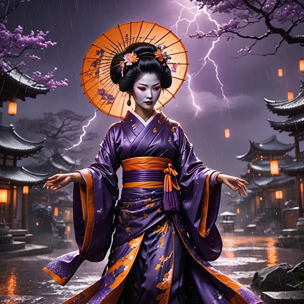 Geisha in Moonlight with Lightning, Matte Painting