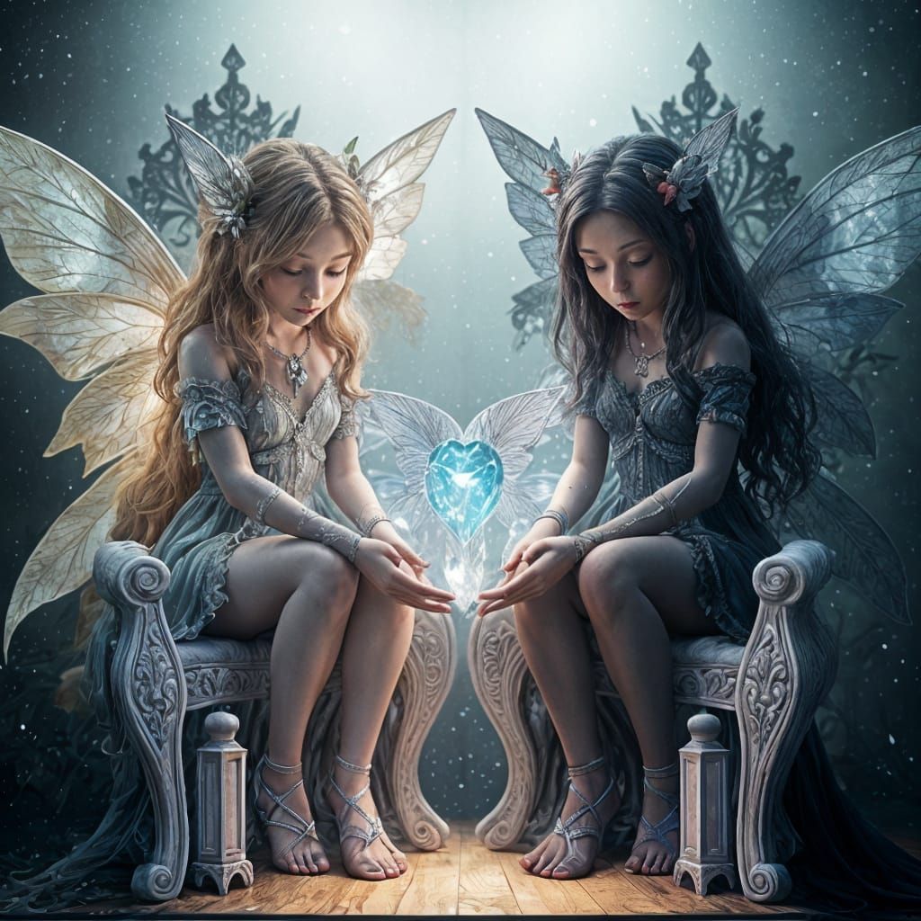 Good and Evil Fairy Twins with Crystal Heart