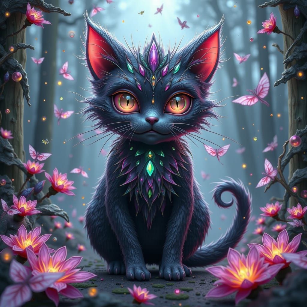 Glowing Cat in Psychedelic Burtonesque Style