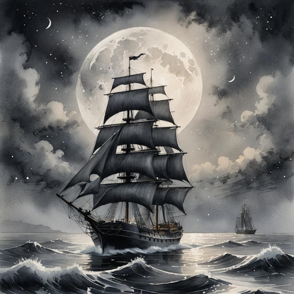 Black and White Ship Sails Under Moonlight in Watercolor