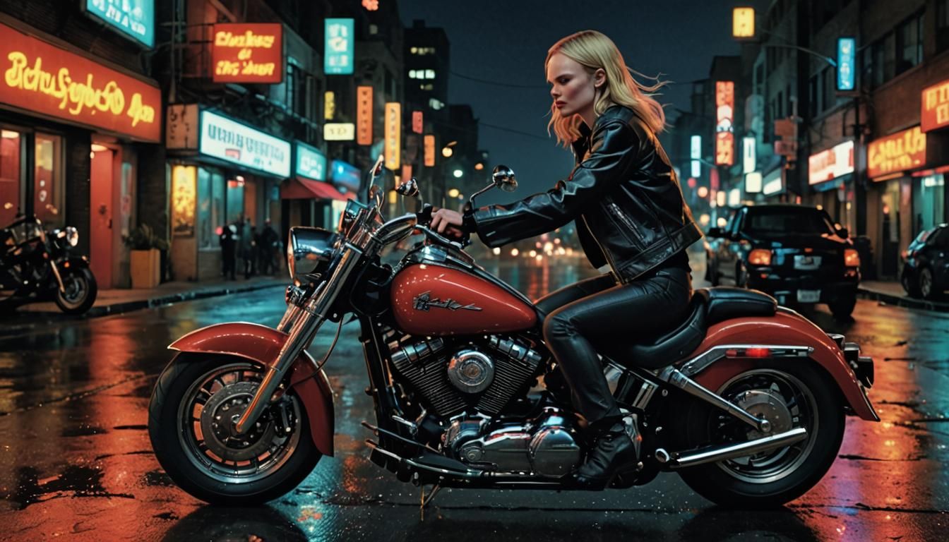 Woman on Harley Davidson in Neon Cityscape