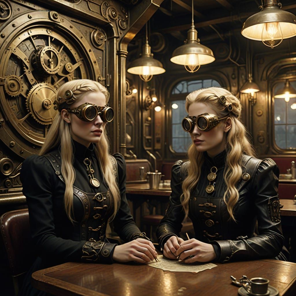 Steampunk Café Scene with Young Women Enjoying Fast Food