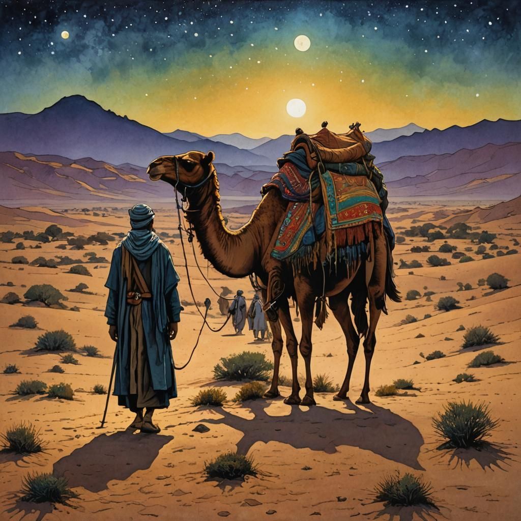 Hibernal Bedouin and Camel in Oil Gouache