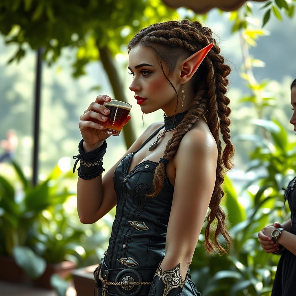 Elegant Elves Converse in Lush Outdoor Setting