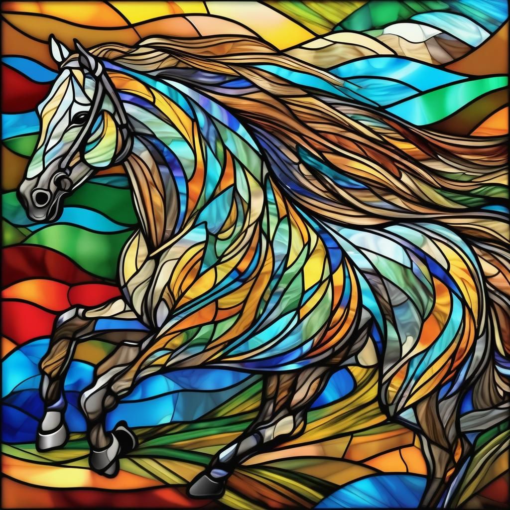 Colorful Stained Glass Horses in Field