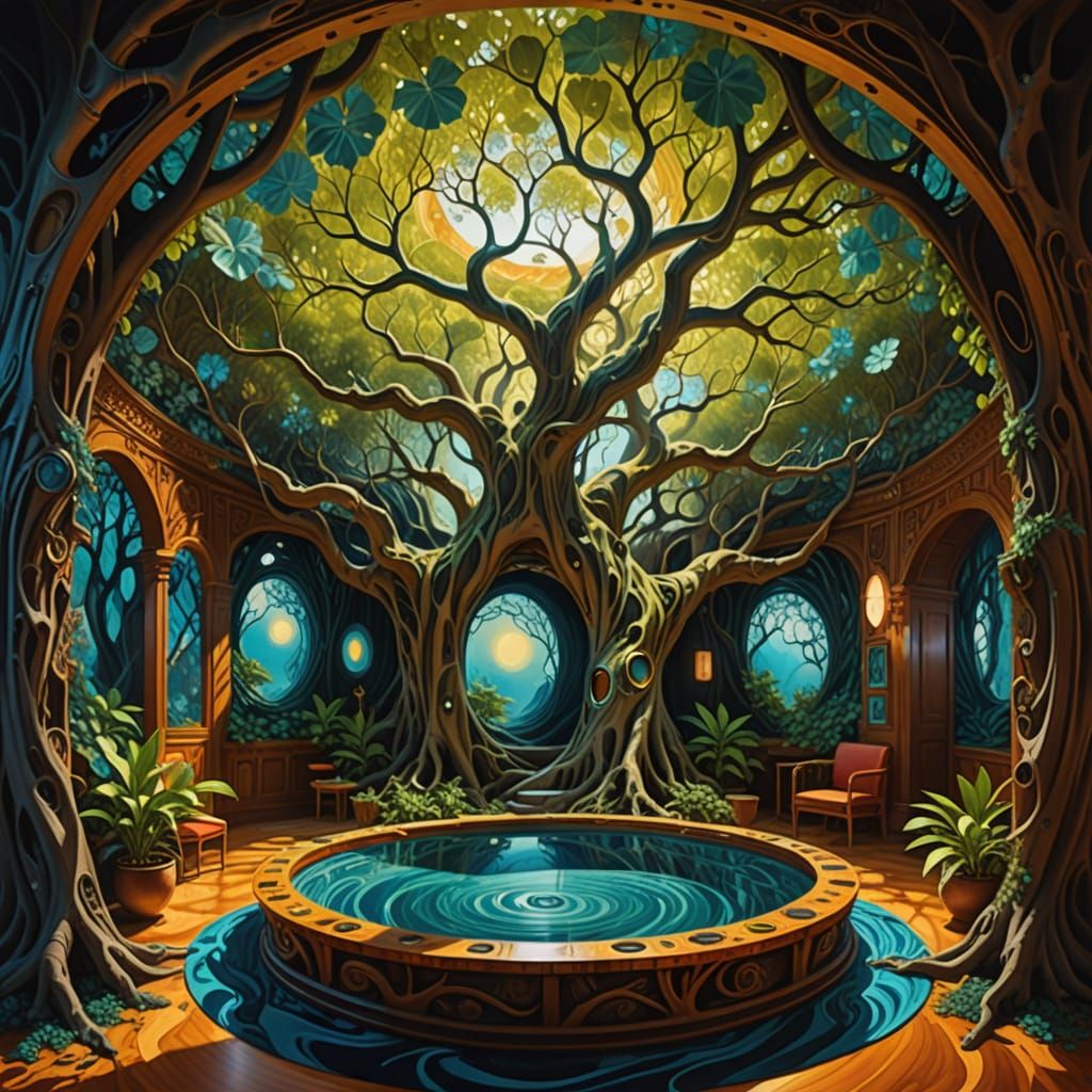 Surreal Birthing Room in Banyan Tree, Oil Painting