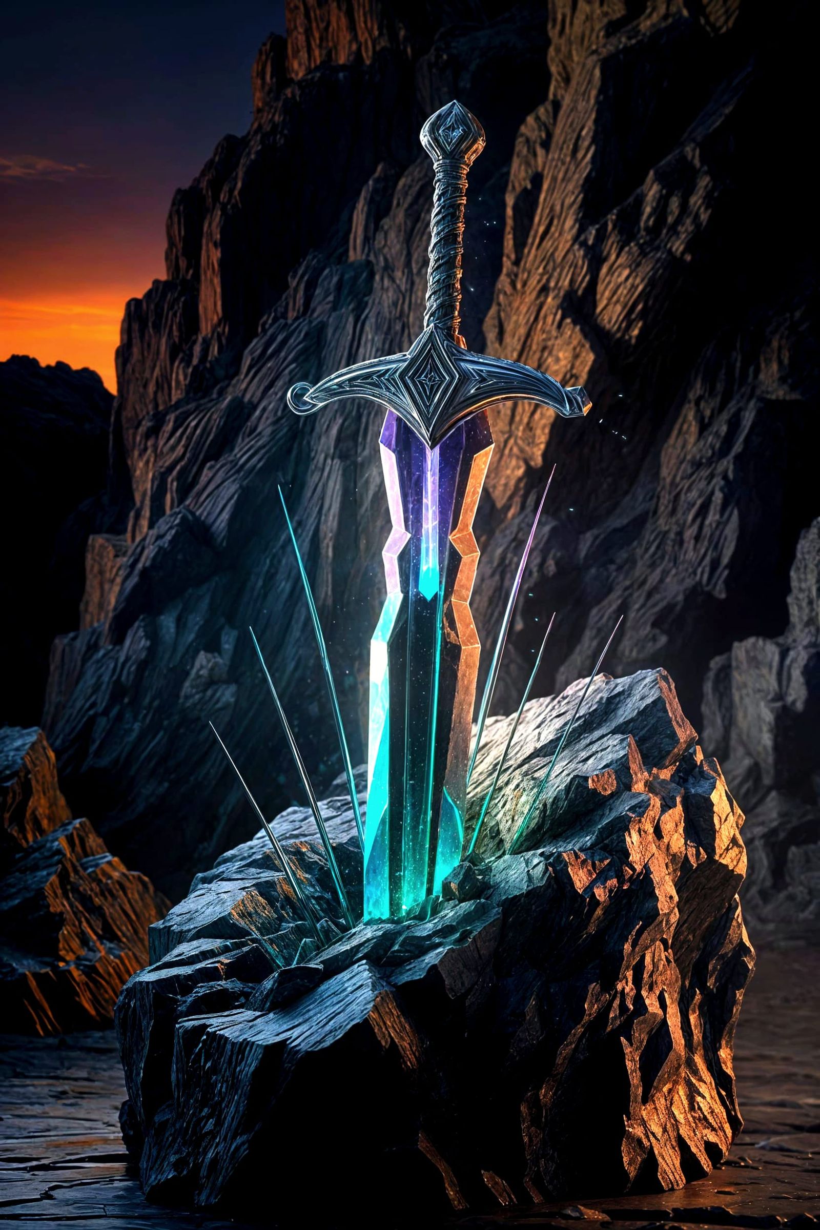 Mythical Glass Granite Sword Shines in Ancient Rock Formatio...