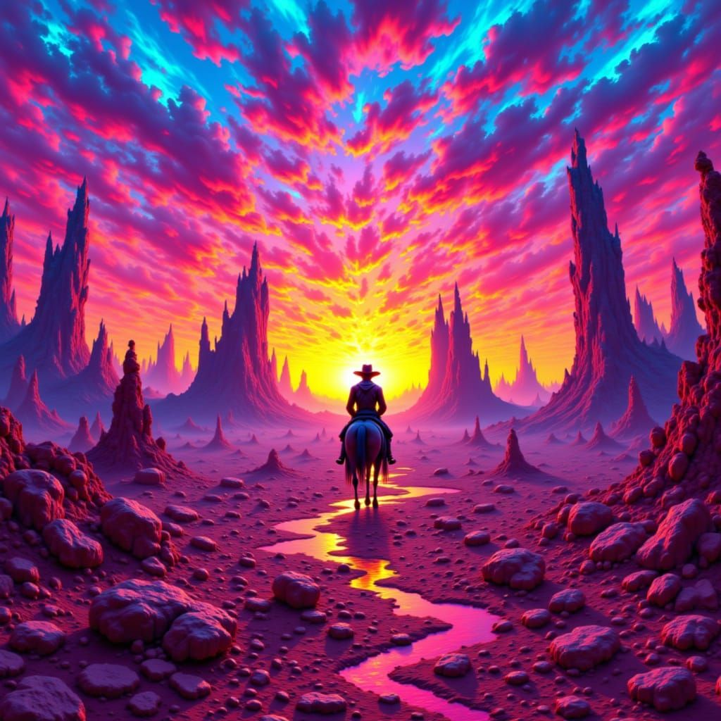 Grizzled Cowboy Surveys Alien Desert Under Psychedelic Sunse...