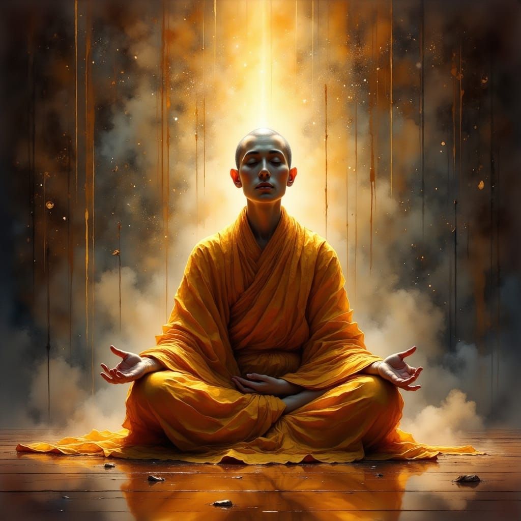 Tibetan Monk Levitating in Golden Light, Hyperrealistic Digi...