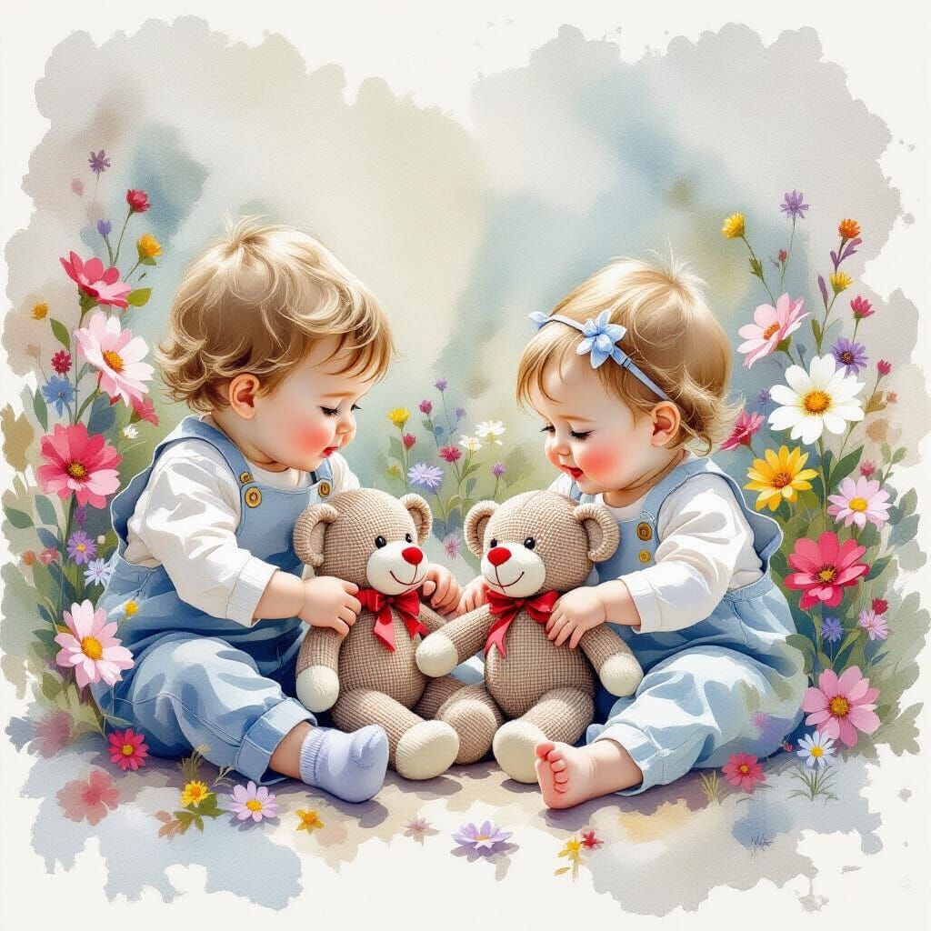 Brother and Sister with Sock Monkeys in Watercolour