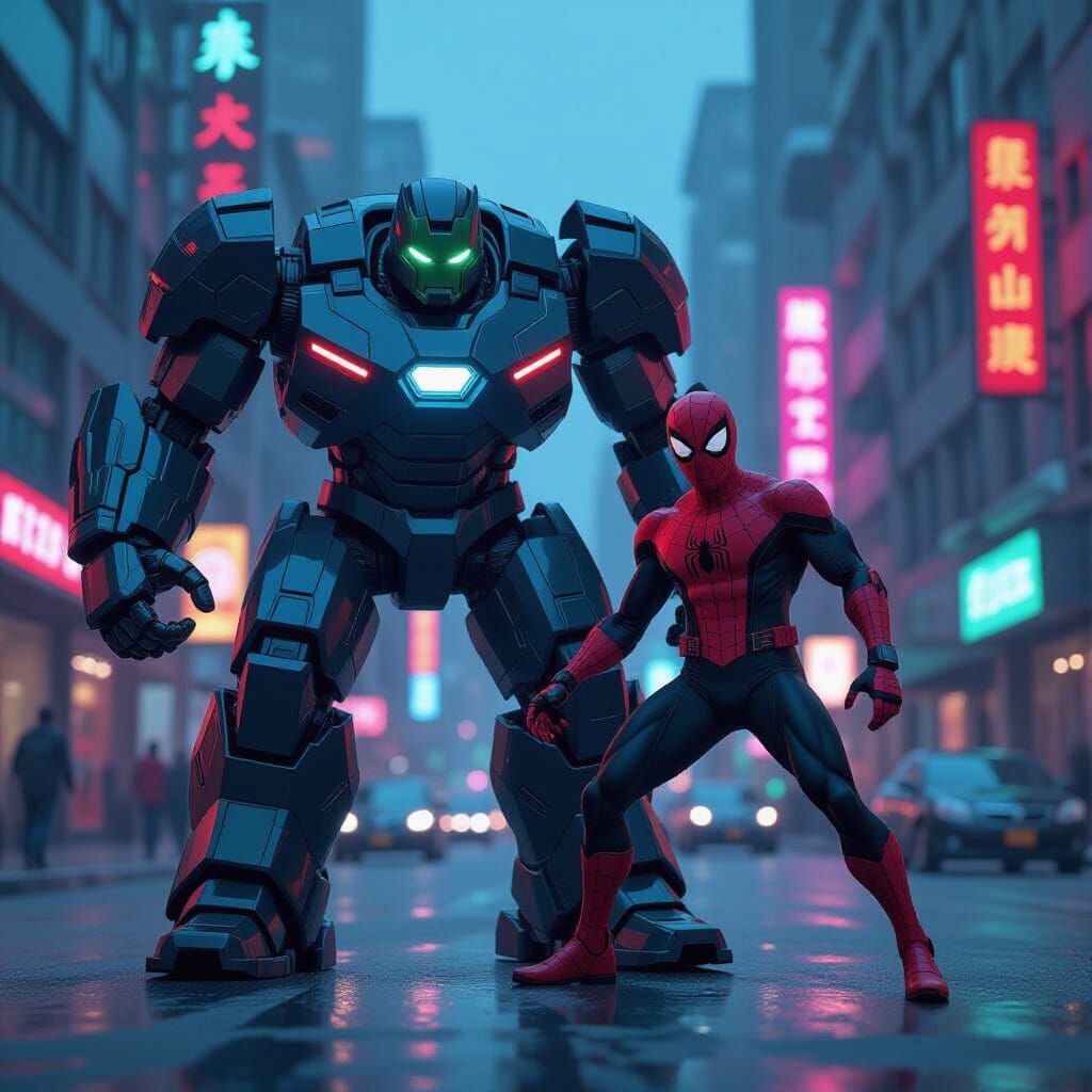 Hulkbuster and Spiderman in Cyberpunk Cityscape