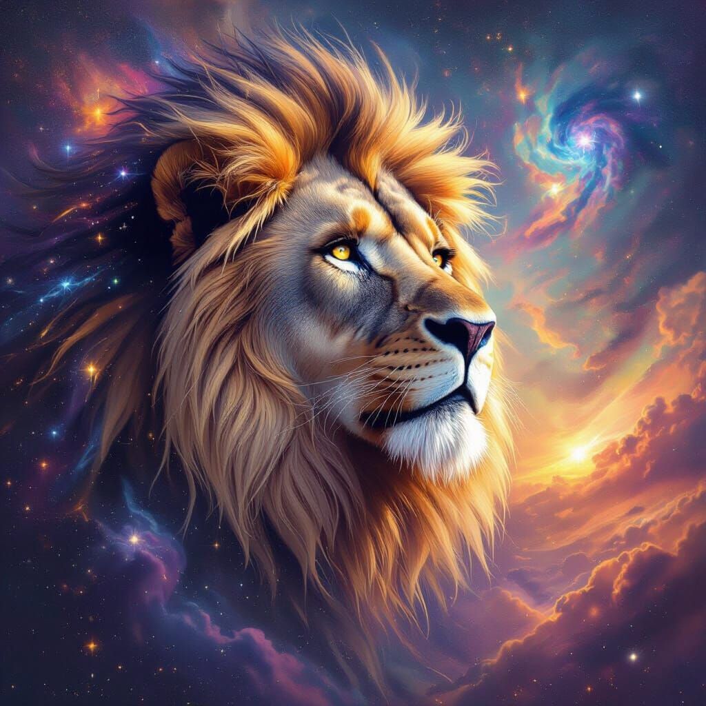 Lion with Starry Mane in Surreal Space Art Style